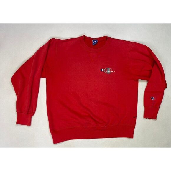 VINTAGE Champion Logo Embroidered Sweatshirt Men Medium Red Distressed USA 90s - Picture 1 of 9